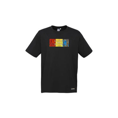 Black t-shirt with colorful graphic.