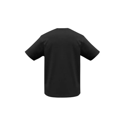 Black short-sleeved t-shirt.