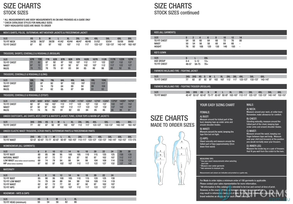 Size charts for lightweight HiVis S/S Vented Cotton Drill Shirt and drill shirts