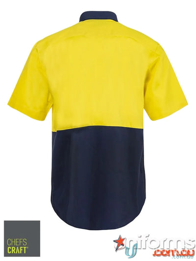 Lightweight HiVis S/S Vented Cotton Drill Shirt with yellow top and navy bottom