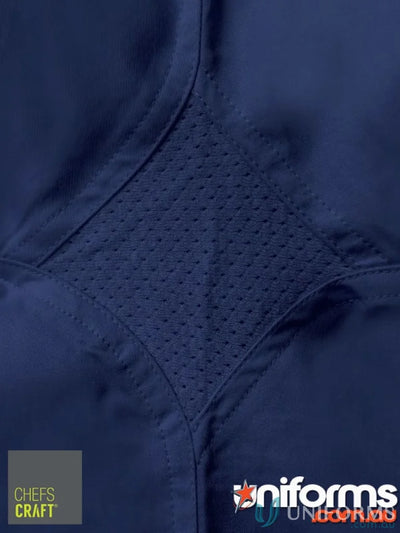 Close-up of navy blue lightweight vented cotton drill LS shirt with mesh panel