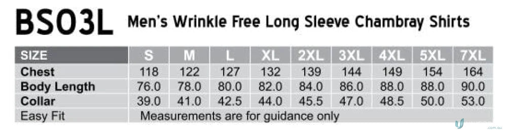 Winning Spirit Mens Chambray Long Sleeve Shirt size chart for wrinkle-free long-sleeve chambray long shirts