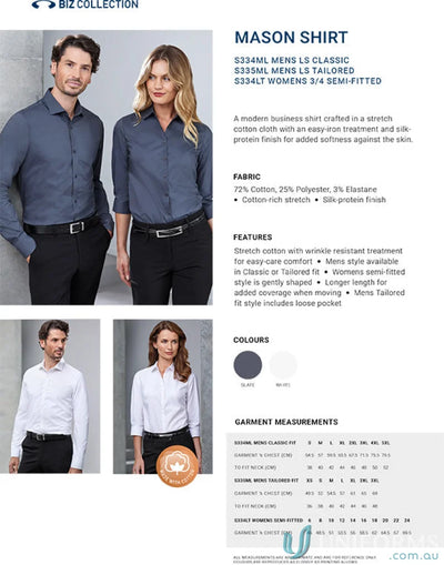 Mason Ladies 3Q Shirt showing product details for longer length uniforms coverage