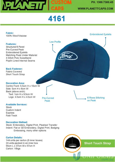 High stock inch Blue Ford baseball cap with wide centimeter imprint on Melton Wool Cap