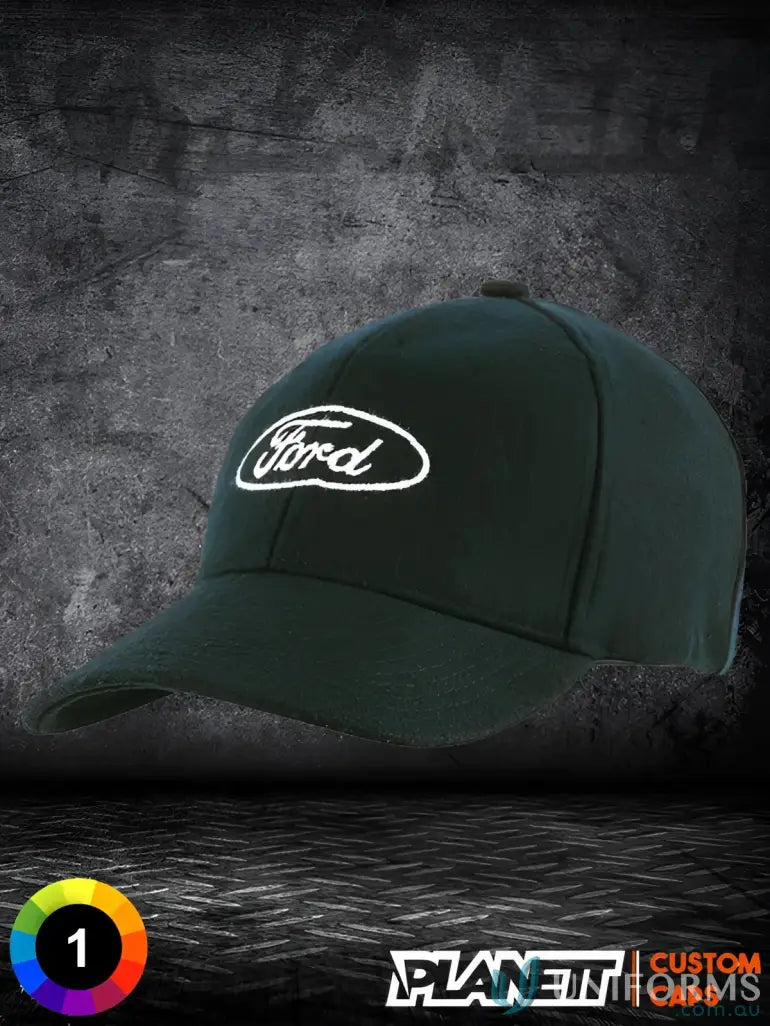 Dark green Ford baseball cap with high stock inch wide centimeter imprint for Melton Wool Cap