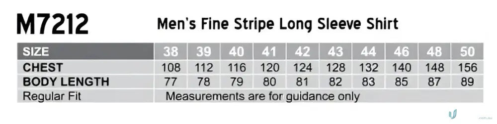 Sizing chart for Mens Fine Stripe LS Shirt with stripe long sleeve options M7212 mens fine