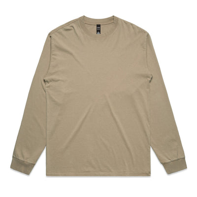 Beige long-sleeved t-shirt with ribbed cuffs and hem, likely made of cotton or polyester blend.