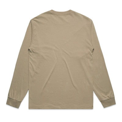 Beige long-sleeved t-shirt with ribbed cuffs and hem, likely made of cotton or polyester blend.