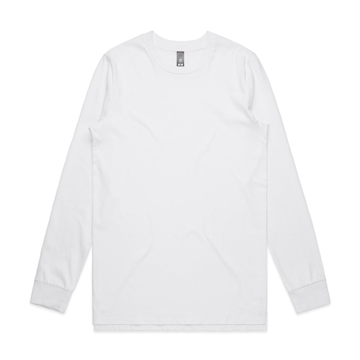 White long-sleeved t-shirt with a crew neck and ribbed cuffs.