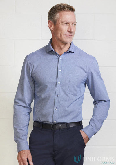 Man in blue patterned Jagger LS Shirt from Biz Collection with easy-care fabric