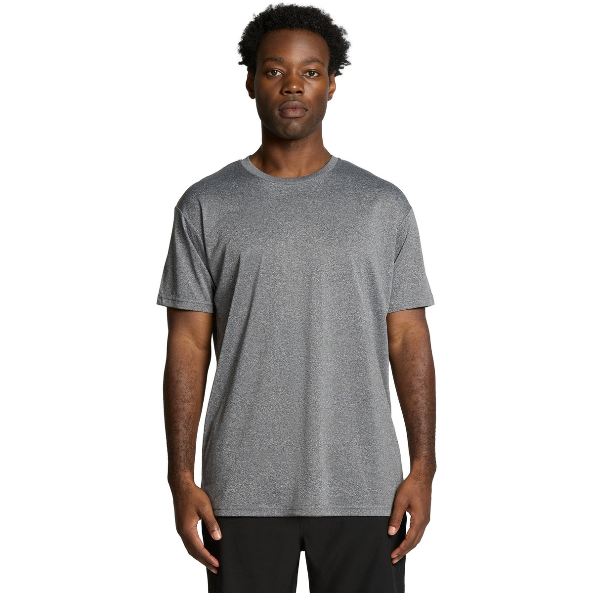 Heather gray crew neck t-shirt with short sleeves and a textured pattern.