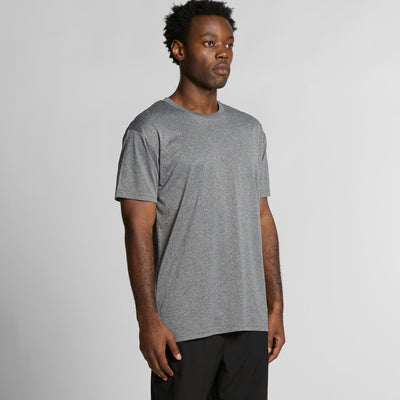 Gray and black speckled athletic t-shirt with a subtle pattern, likely made of polyester or cotton blend.