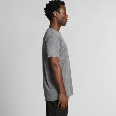 Heather gray short-sleeve t-shirt with textured pattern and ribbed neckline.