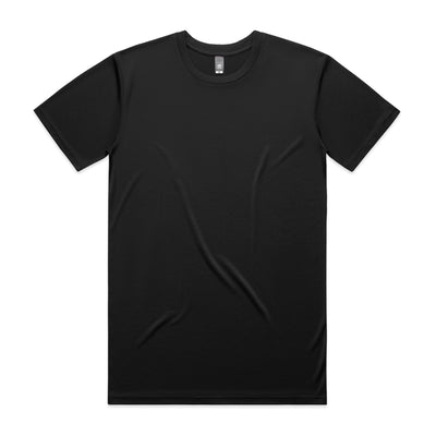 Black crew neck t-shirt with short sleeves and a simple design.