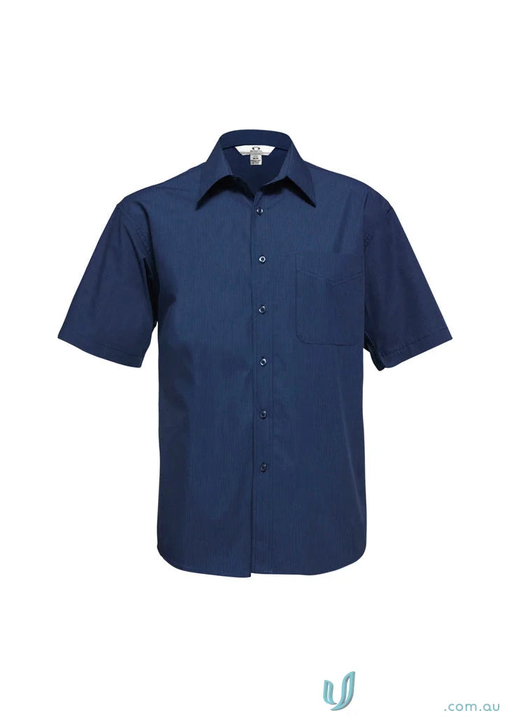 Navy blue mens micro check short sleeve button-down shirt for casual style