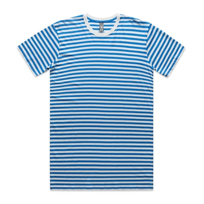 Blue and white striped t-shirt with a crew neck, short sleeves, and ribbed cuffs.