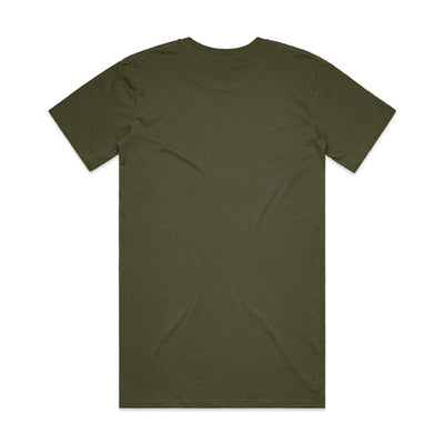 Olive green crew neck t-shirt with short sleeves and a relaxed fit.