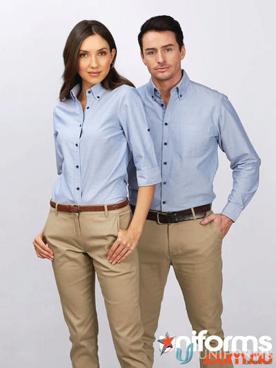 Men’s Reuben Long Sleeve Shirt with matching light blue button-down shirt and khaki pants