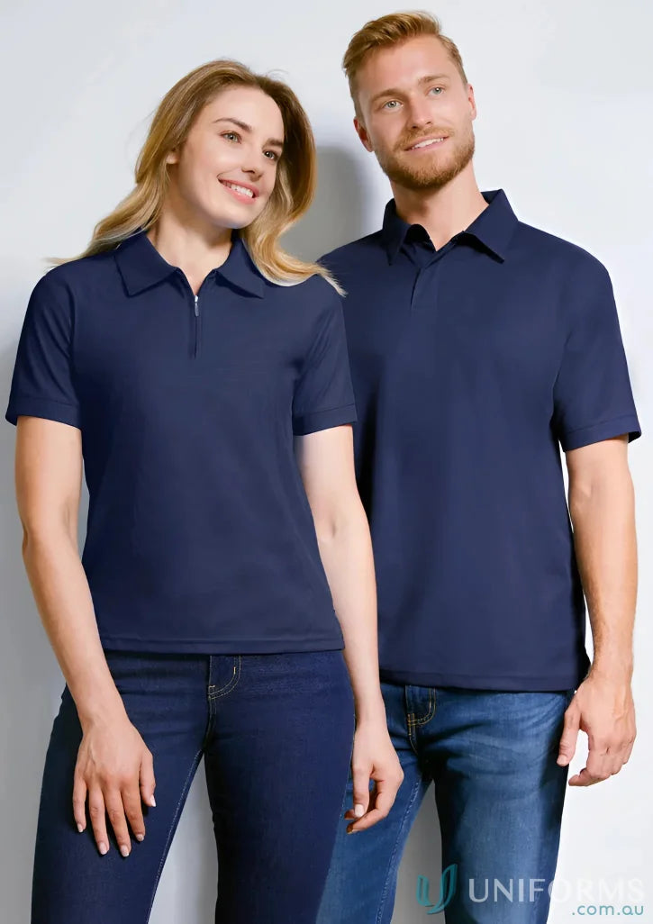 Two people wearing navy Micro Waffle Polo shirts from Biz Collection P3300 mens collection