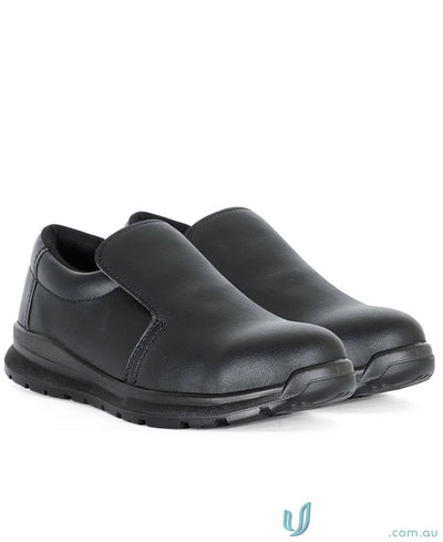 Pair of black slip-on shoes with durable sole, perfect for uniforms and workwear