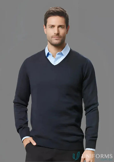 Man wearing Biz Collection Milano Milano Knit Jumper in merino wool, navy V-neck style