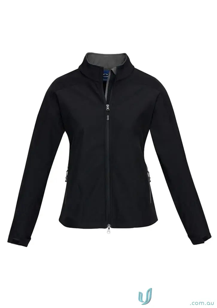 Black women’s softshell jacket with high collar and zippered pockets ideal for workwear and uniforms