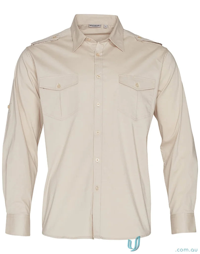 Beige m7912 mens long sleeve military shirt, Benchmark LS Military style