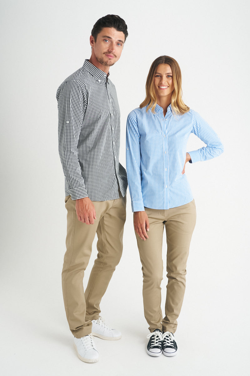 Miller Gingham Check LS Shirt with blue and white long sleeve gingham check pattern