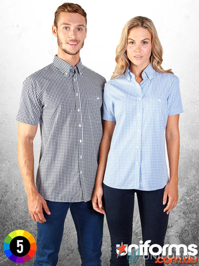 Two people wearing Miller Gingham SS Check Shirts, perfect for uniforms and workwear