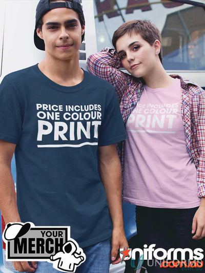 Two people in custom printed combed cotton YOUTH T-shirts, perfect for uniforms or workwear