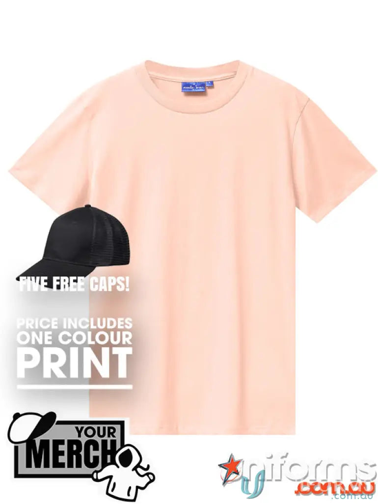 Peach-colored MOQ250 Printed Adult Tee with black cap, perfect for workwear and uniforms