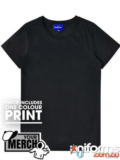 Black crew neck t-shirt from MOQ250 Printed Ladies Tee, perfect for work uniforms