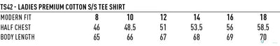 Ladies premium cotton tee sizing chart for workwear and uniforms in the MOQ50 Printed LADIES Tee