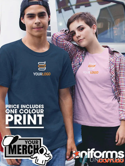 Two people in customized combed cotton T-shirts for uniforms or workwear style