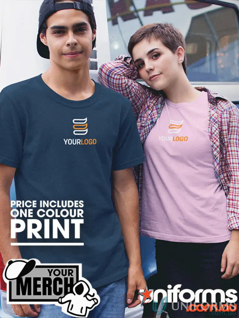 Two people wearing custom-printed work uniforms for the MOQ500 Printed ADULT TEE