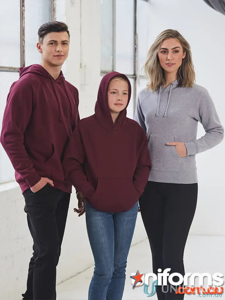 Three people wearing MOQ500 Printed Ladies Hoodie casual workwear uniforms