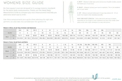 Women’s size guide chart for NBCF Pink V-Neck Scrub Top by BizCare Women’s Pink