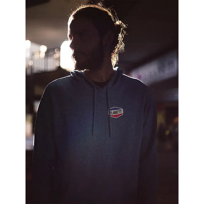 Blue hooded sweatshirt.
