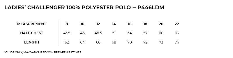 Ladies Accelerator Polo size chart