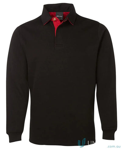 Black long-sleeved polo shirt with red collar lining from Paddington Two Tone Rugby, unleashes performance, combines durability