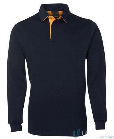Navy long-sleeved tone rugby 3rt polo shirt with gold trim, combines durability and style
