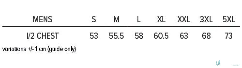 Mens clothing size chart for Panorama Polo workwear and uniforms sizing guide