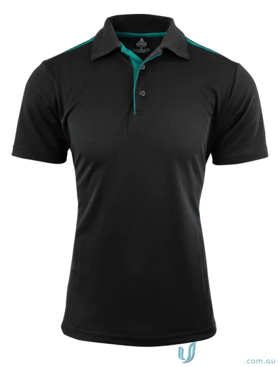 Black Paterson Polo shirt with teal trim, perfect for uniforms and workwear, made from comfy fabric