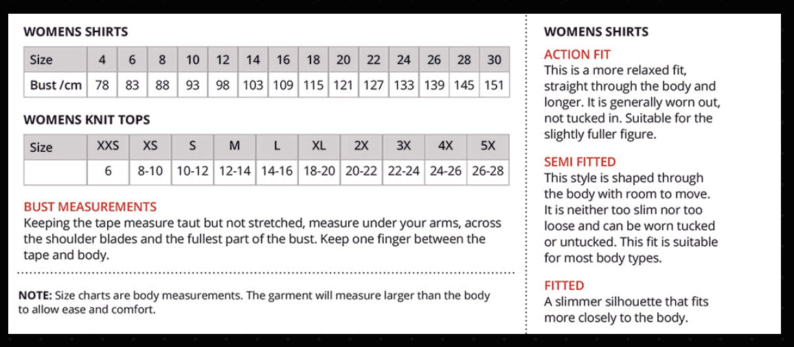 Pippa Ladies SS Top size chart