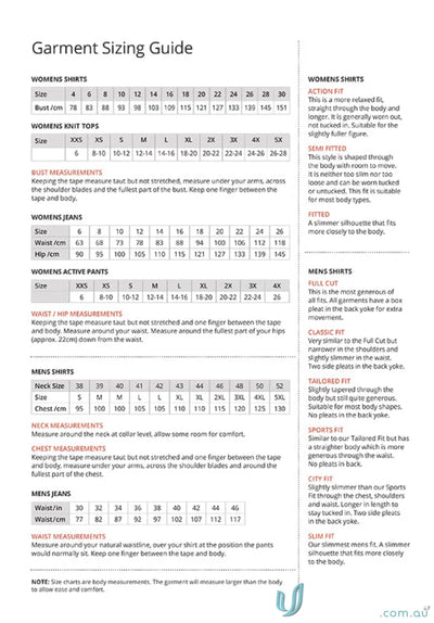 Garment sizing guide for Pippa Check uniforms and workwear with fit details and measurements
