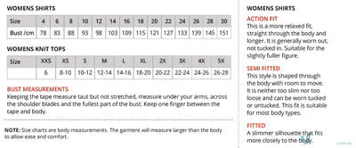 Clothing size charts and fit info for Pippa Ladies 3Qtr Top with luxurious triple twist pippa knit sleeve blouse