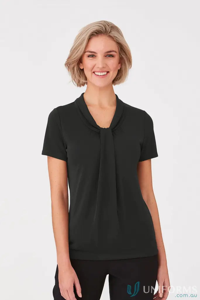 Black short-sleeved tie-neck blouse with soft draped neckline for a comfy fit at Pippa Ladies SS Top