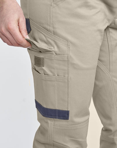 PLANETT unisex cotton stretch drill cuffed work pants in beige with navy accents