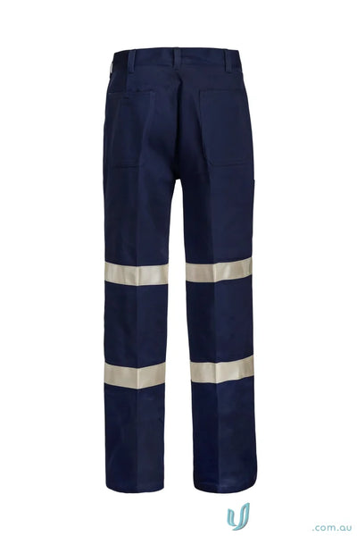 Navy blue pleat cotton drill trouser with reflective stripes for workcraft pleat cotton style