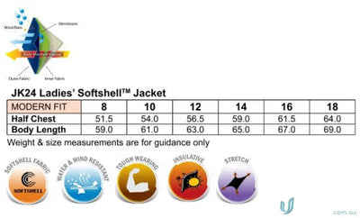 Sizing chart and features of Plumbers Choice Ladies Softshell Jacket, a hi-tech softshell jacket for uniforms